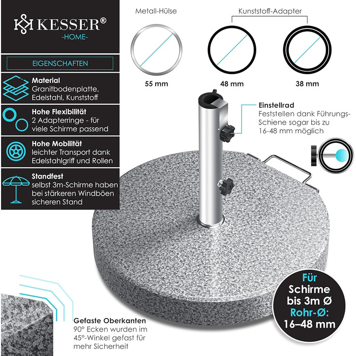 Підставка для парасольки KESSER Granit, сталева, кругла, 30 кг, для труб 16-48 мм, сіра