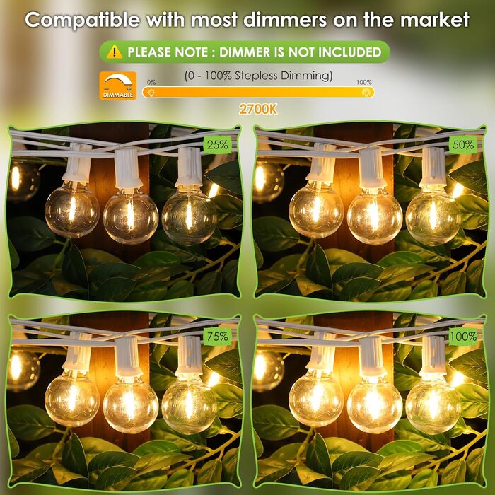 Гірлянда LED Mlambert для вулиці 30м, димована, водонепроникна, G40, 53 лампи 2700K, білий кабель