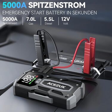 Портативний зарядний пристрій Starthilfe Powerbank 5000A для автомобіля з LED-ліхтариком, великим екраном (6000A) чорний M01