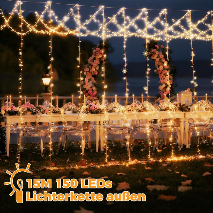 Світлодіодна гірлянда HeiPard для вулиці та дому 15м, 150 LED, теплий білий колір, 8 режимів, з таймером та димером