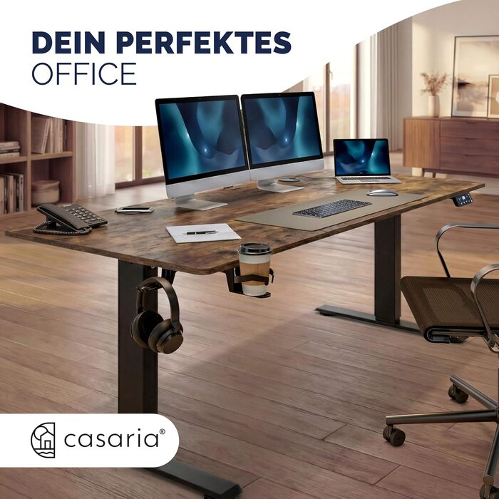 Ергономічний електричний стіл Casaria® з регулюванням висоти, бездротовою зарядкою, USB-C/A, LCD-дисплеєм, пам'яттю, вантажопідйомністю 80 кг (вінтажний коричневий, 120x60 см)