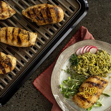 Електричний гриль George Foreman Smokeless для дому, бездимний, антипригарний, з піддоном для жиру, регулятором температури, вертикальне зберігання, модель 25850-56