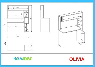 Комп'ютерний стіл HOMIDEA Olivia з полицями 114x45x139 см, антрацит, для офісу, вітальні або дитячої кімнати