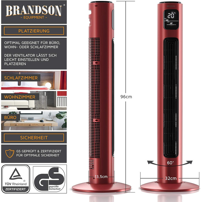Вентилятор-колона Brandson 96 см з дистанційним керуванням, 3 швидкості, осциляція 60°, мобільний, рубіново-червоний, призер 2024 року