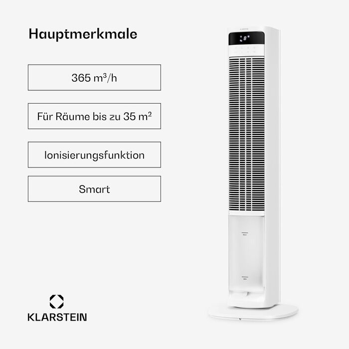 Кліматичний комплекс Klarstein 5-в-1: мобільний кондиціонер, вентилятор, зволожувач, очищувач повітря, нічний режим, 360 м³/год, 50 Вт, білий, Smart