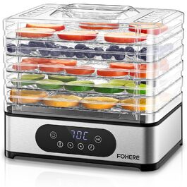 Електрична сушарка для продуктів FOHERE з нержавіючої сталі, 5 ящиків, LED-дисплей, 420W, 35-70°C, таймер 48h, для їжі, грибів, фруктів, м'яса, риби, овочів, без BPA