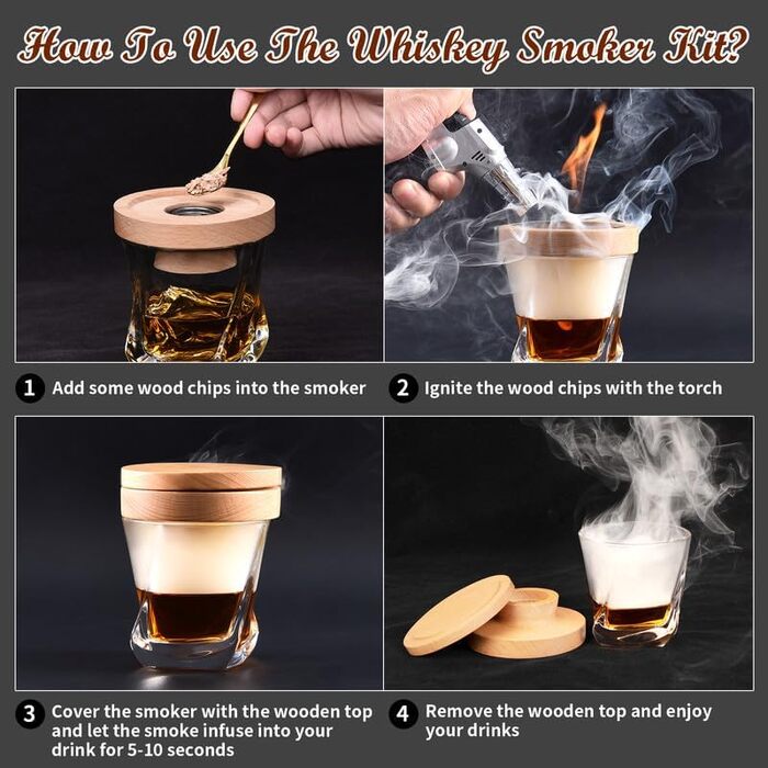 Набір для копчення коктейлів Whiskey Smoker Kit з пальників, для віскі, бурбону, з 4 смаками дерев'яної стружки, подарунковий набір для любителів коктейлів, чоловіків, тата, чоловіка, шефа