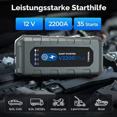 Пусковий пристрій TOPDON V2200 Air Jump Starter з компресором 150 PSI, бустер для авто (бензин 8L, дизель 6L), павербанк 2200А з LED-ліхтарем