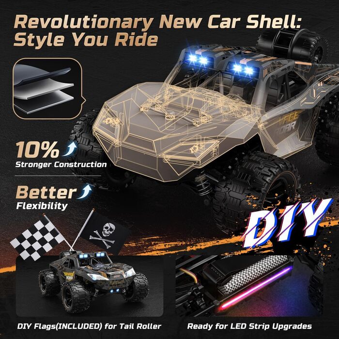 Радіокерований позашляховик DEERC 1:14 40 км/год, RC-трак 4x4 2.4 ГГц з LED-фарами, 2 акумулятори, іграшка для хлопчиків