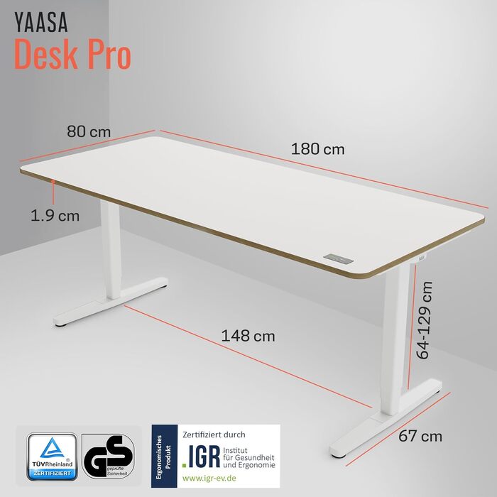 Ергономічний стіл Yaasa Desk Pro з електрорегулюванням висоти, білий 180x80 см – Multiplex. Навантаження до 120 кг, з дисплеєм ErgoTouch