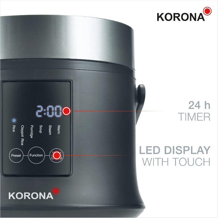 Рисівварка електрична Korona 58011 Reisprofi з функцією підігріву та таймером 24 год | LED-дисплей, знімний контейнер, мірний стакан та ложка