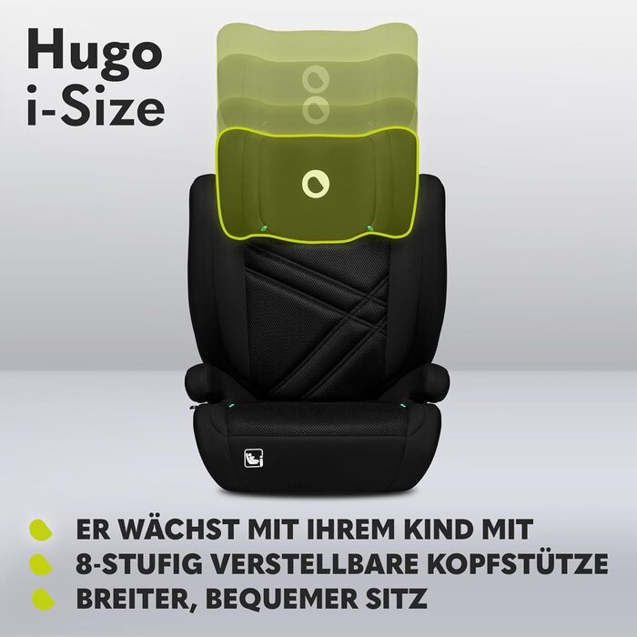 Автокрісло Lionelo Hugo i-Size R129 Група 2/3 (100–150 см) – ISOFIX, регульована підголовник з Memory Foam, бічний захист, комфортні підлокітники, чорний карбон