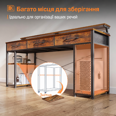 Письмовий стіл ODK з ящиками та полицею, 120x50x90 см, комп'ютерний стіл з підставкою для монітора, для дому та офісу, коричневий