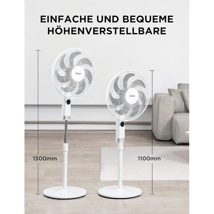 Вентилятор підлоговий Midea FS40-23MR з пультом, 3 швидкості, телескопічна висота, 90° поворот, 7 лопатей, LED-дисплей, білий