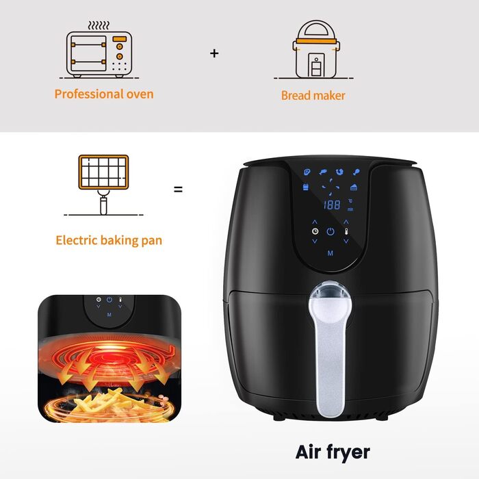 Аерофритюрниця Vpcok Direct XL 3,5 л, 1500 Вт, 6 програм, LED-екран, без масла, з кулінарною книгою, легке очищення