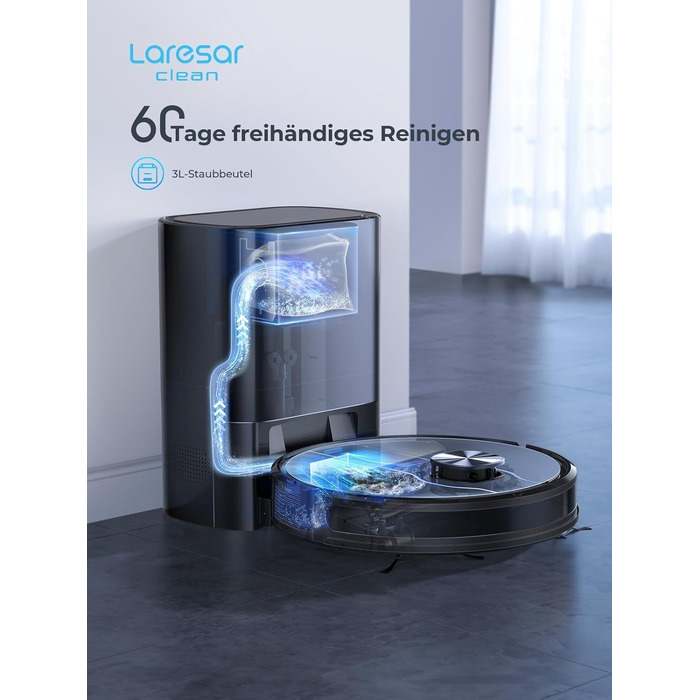 Робот-пилосос Laresar Clean L6 Nex з функцією вологого прибирання та станцією самоочищення, потужність всмоктування 10000Па, LiDAR навігація, акумулятор до 180 хв, 3-в-1 (підмітання, миття, пилосос), для шерсті тварин, чорний