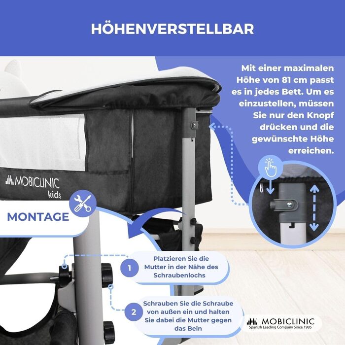 Дитяче ліжко Mobiclinic® 3-в-1: ліжко-гойдалка, ліжко-манежа, ліжко-бічне, чорне, до 20 кг