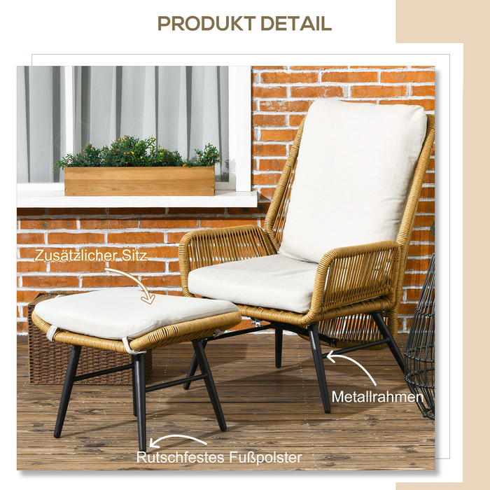 Крісло та пуф Outsunny з ротангу Polyrattan, регульована спинка, світло-коричневий/сірий/чорний