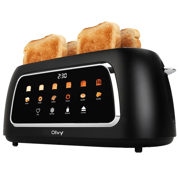 Тостер Olvy T-40T 4-складовий з LCD-дисплеєм, 1500 Вт, 6 режимів підсмажування, розморожування та підігрів, довгі слоти