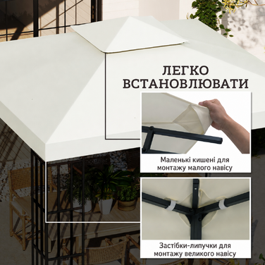 Тент для павільйону 3x3 м, водовідштовхувальний. Заміна тенту для металевого павільйону. Тент для садового павільйону, намет для вечірок, садовий намет. Поліестер, кремовий.