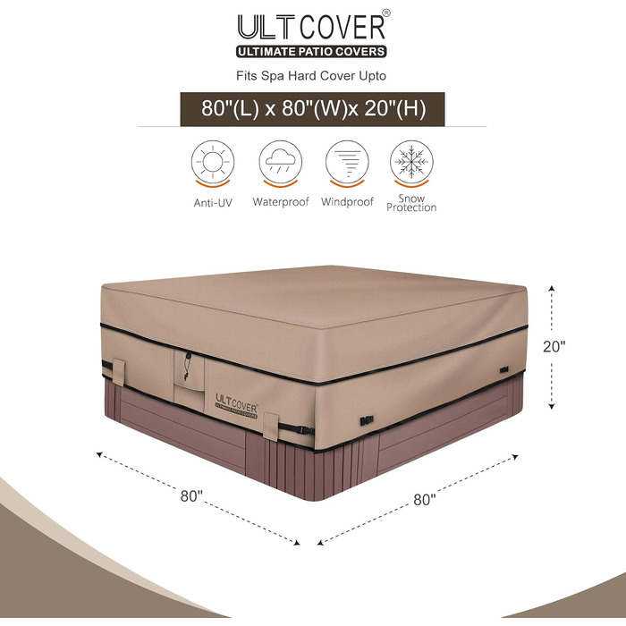 Водонепроникний чохол для гідромасажного джакузі Whirlpool ULTCOVER, квадратний, 600D поліестер, 203 x 203 см, коричневий
