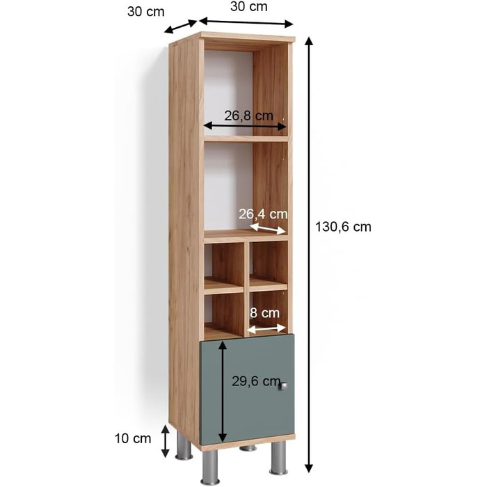 Пенал для ванної Vicco Fynn, зелений/дуб золотий, 30x130,6 см, маленькі дверцята