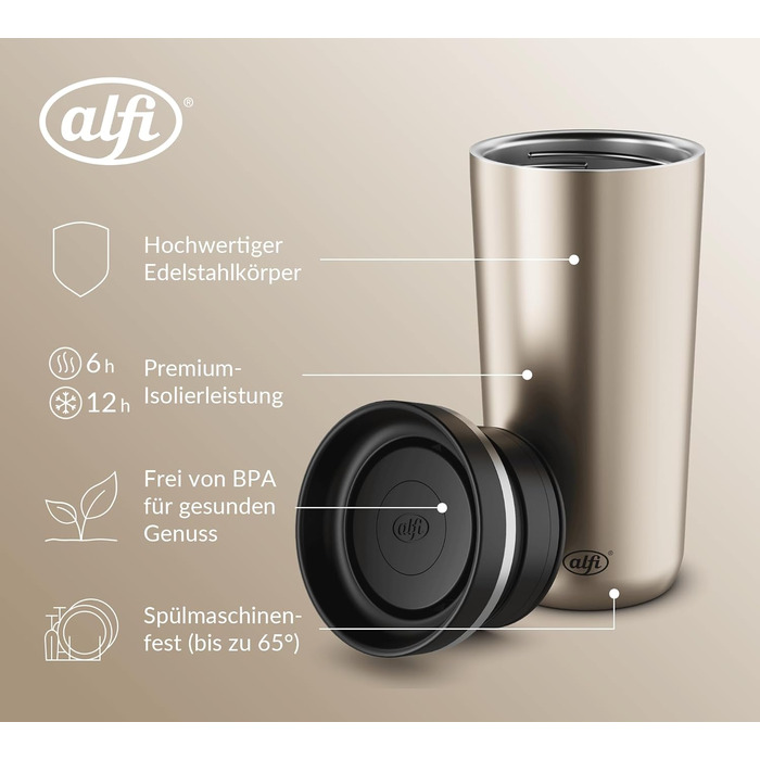 Термокружка Alfi ISO COFFEE MUG PRO, 0.38 л, нержавіюча сталь, для кави з собою, з ізоляцією, 6 годин гаряча, 12 годин холодна, без BPA, для миття в посудомийній машині (Champagne)