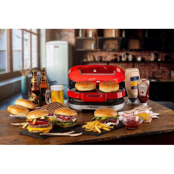 Ariete Hamburger Maker Party Time 205 – електричний сендвіч-мейкер та гриль з антипригарними пластинами, 1200 Вт, для бургерів, червоний