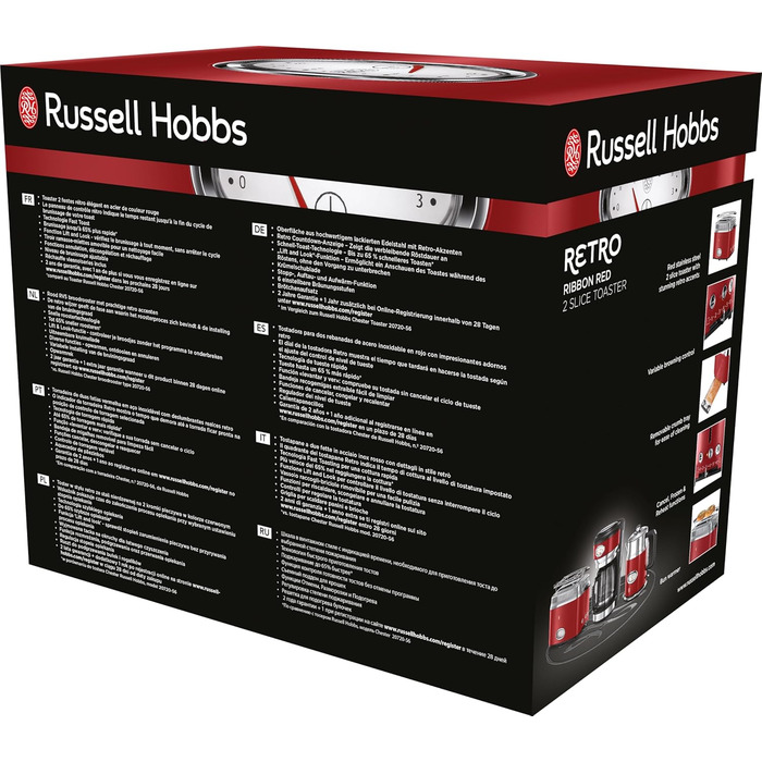 Тостер Russell Hobbs Retro 21680-56, нержавіюча сталь, червоний, 2 тости, 6 режимів, розморожування, підігрів