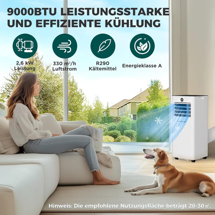 Мобільний кондиціонер HAUSHOF 9000 BTU 4-в-1: охолодження, осушення, вентиляція, нічний режим – для кімнат до 30 м² з комплектом ущільнювачів для вікна