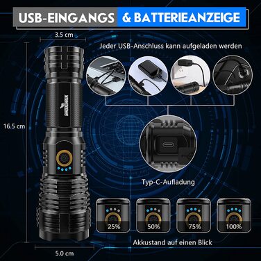 Ліхтарик Shadowhawk LED, акумуляторний, 20000 люмен, тактичний, USB-зарядка, XHP70.2, водонепроникний IP67, з чохлом, для кемпінгу, екстрених ситуацій, чорний