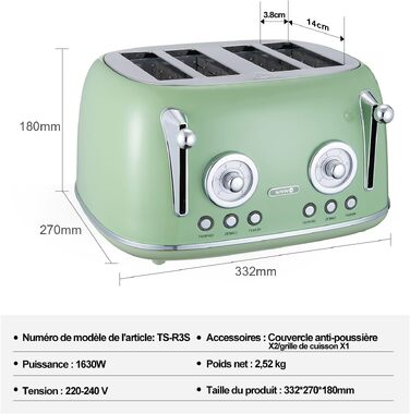 Тостер Wilta Retro 2 відділення, нержавіюча сталь, 6 рівнів підсмажування, підставка для булочок, розморожування, підігрів, зупинка, таймер, швидке підсмажування (Світло-зелений)