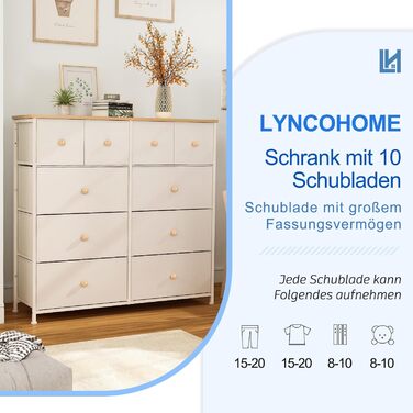 LYNCOHOME комод із 10 тканинних шухляд, органайзер для кухні, офісу, коридору, бежевий, тумба під ТВ