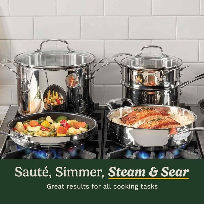 Набір посуду Cuisinart Ceramica XT 11 предметів: каструлі, сковороди, сотейник, пароварка. Керамічне антипригарне покриття з титаном, без PTFE, PFOA та PFAS. Нержавіюча сталь.
