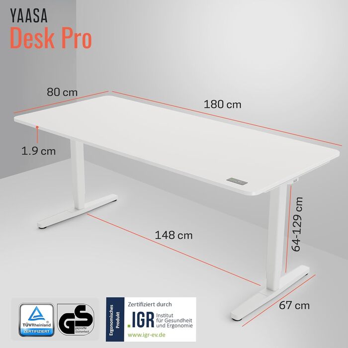 Ергономічний електричний стіл Yaasa Desk Pro 180x80 см білий - регульована висота, стільниця мультиплекс, вантажопідйомність 120 кг