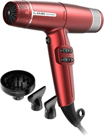 Професійний фен для волосся Gama Italia iQ Lite 1600 Вт, 110 000 об/хв, Oxy Active технологія для яскравості кольору, подвійний фільтр, ультралегкий 316 г, червоний