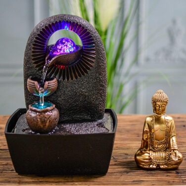 Джерело води Zen'Light від Zimmerbrunnen з Буддою та LED-підсвічуванням. Сучасна декорація для медитації та релаксації. Об'єкт Фен-Шуй, висота 26 см, колір горіх (Bhava)