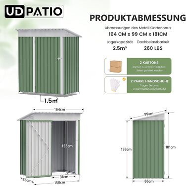 Металевий садовий будиночок UDPATIO 4 м³ (228x121x181 см) – для двору, інструментів, велосипедів, оцинкована сталь, з замком, зелений