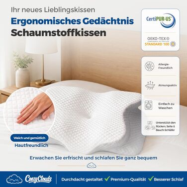 Ортопедична подушка для шиї та голови Premium з ефектом пам'яті (Memory Foam), ергономічна подушка-метелик для сну на боці та спині, змивний чохол, Graphite Grey