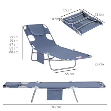 Outsunny Sun Lounger Складний садовий шезлонг з вікном для читання, подушка, шезлонг з регульованою спинкою в 5 напрямках, стійкий до погодних умов шезлонг для кемпінгу з навантаженням до 120 кг, для садового пляжного басейну, сірий