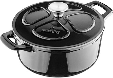 Чавунний казан Navaris 3,5 л з кришкою, чорний, для запікання, тушкування та випікання хліба, універсальний для всіх плит, Ø 24 см