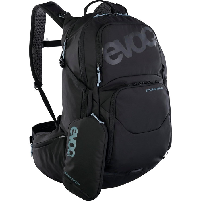 Рюкзак EVOC EXPLORER PRO 26л чорний – комфортний міський та туристичний рюкзак з системою вентиляції AIR FLOW CONTACT, гнучким поясом AIRO FLEX, відділенням для питної системи та дощовиком, преміум-якість