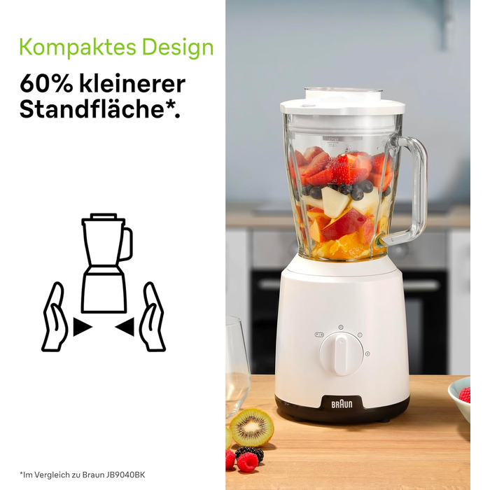 Блендер Braun PowerBlend 1 JB1050WH білий - скляна колба 1.5л, 600 Вт, подрібнювач, для смузі та льоду