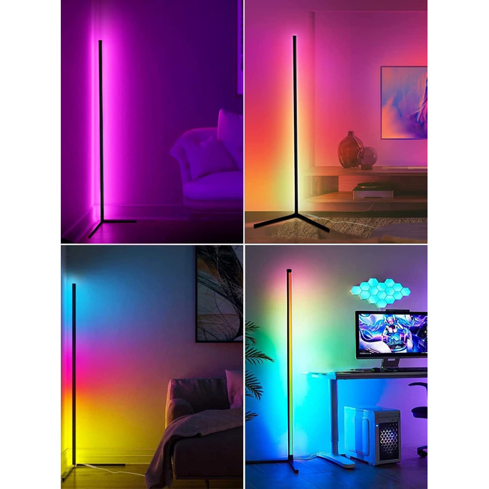 LED торшер DeeprBling для вітальні 165 см, кутова RGB лампа з димуванням, пультом і додатком, 16 млн кольорів, музичний та DIY-режими, таймер, для спальні, ігрової кімнати, офісу, читального залу, трикутна база