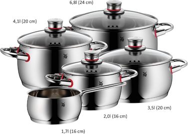Набір каструль WMF Quality One 5 шт для індукції, полірована нержавіюча сталь з кришками, без покриття, з паровідводом