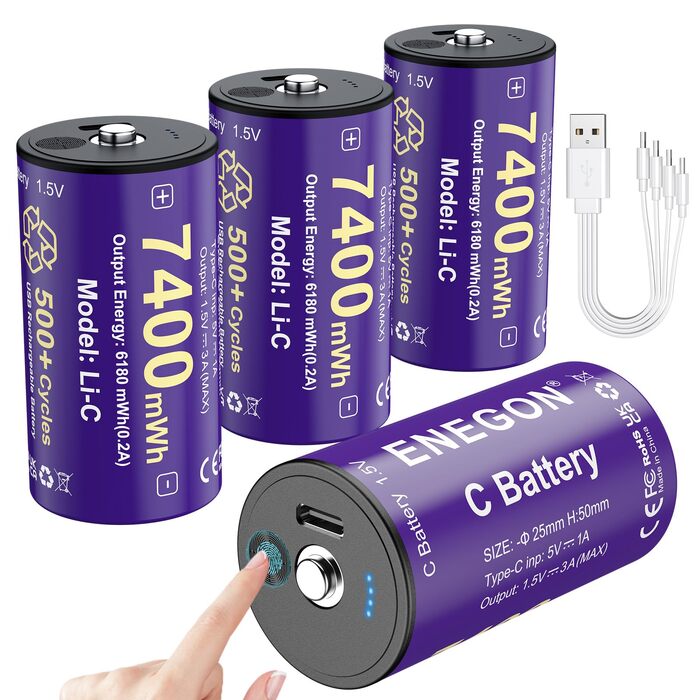 Акумулятори ENEGON C (LR14) 1.5V Li-Ion, 7400mWh, з портом USB-C для зарядки, рожеві, 4 шт. в комплекті