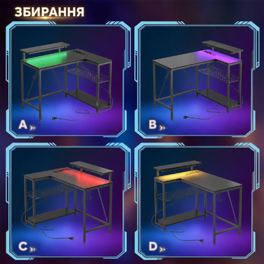 Ігровий кутовий стіл Bestier L-подібної форми з LED-підсвічуванням, розетками, 2 полицями та гачками – кутовий стіл для комп'ютера, офісу, спальні та геймінгу 106 x 80 см, 3D-вуглецеве волокно чорного кольору