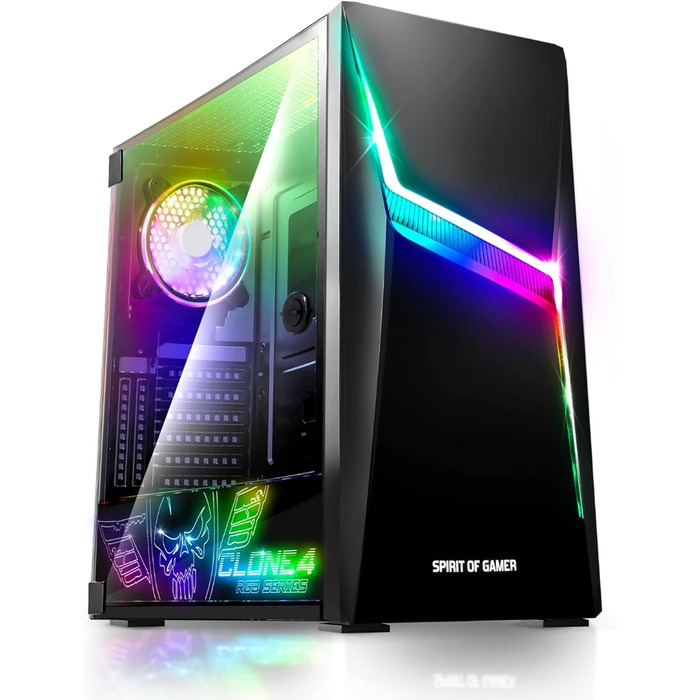 Корпус для ПК Spirit of Gamer Clone 4 RGB, прозора стінка із загартованого скла, для ігрового комп'ютера, середній Tower, сумісний з ATX/MATX/ITX, 2 адресовані вентилятори 120 мм у комплекті
