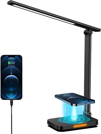 Світлодіодна настільна лампа LASTAR з бездротовою зарядкою, USB-портом, сенсорним керуванням, 5 режимами кольору, захистом для очей, пам’яттю та 5 рівнями яскравості, сучасна чорна