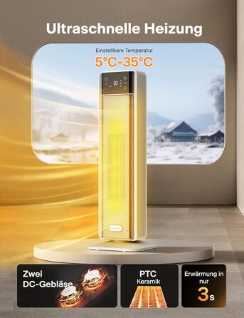Керамічний електрообігрівач PELONIS 2000W з термостатом, дистанційним керуванням, 75° обертанням, таймером 24 години, енергозберігаючий, тихий, для спальні, 58 см, білий